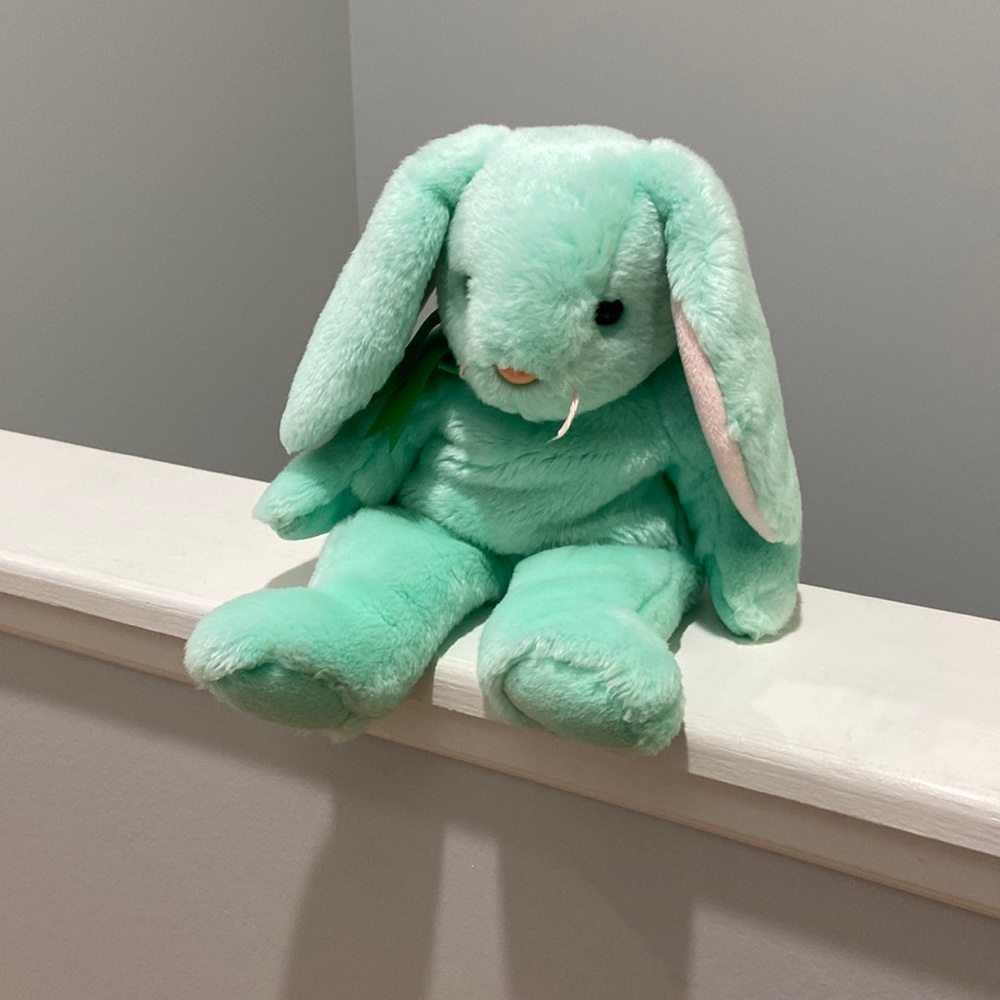 TY Beanie Buddy HIPPITY Green Easter Bunny Rabbit Pink Nose 14" Satin Bow 1998